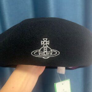 Vivienne Westwood Black Wool Logo Beret with White Embroidery